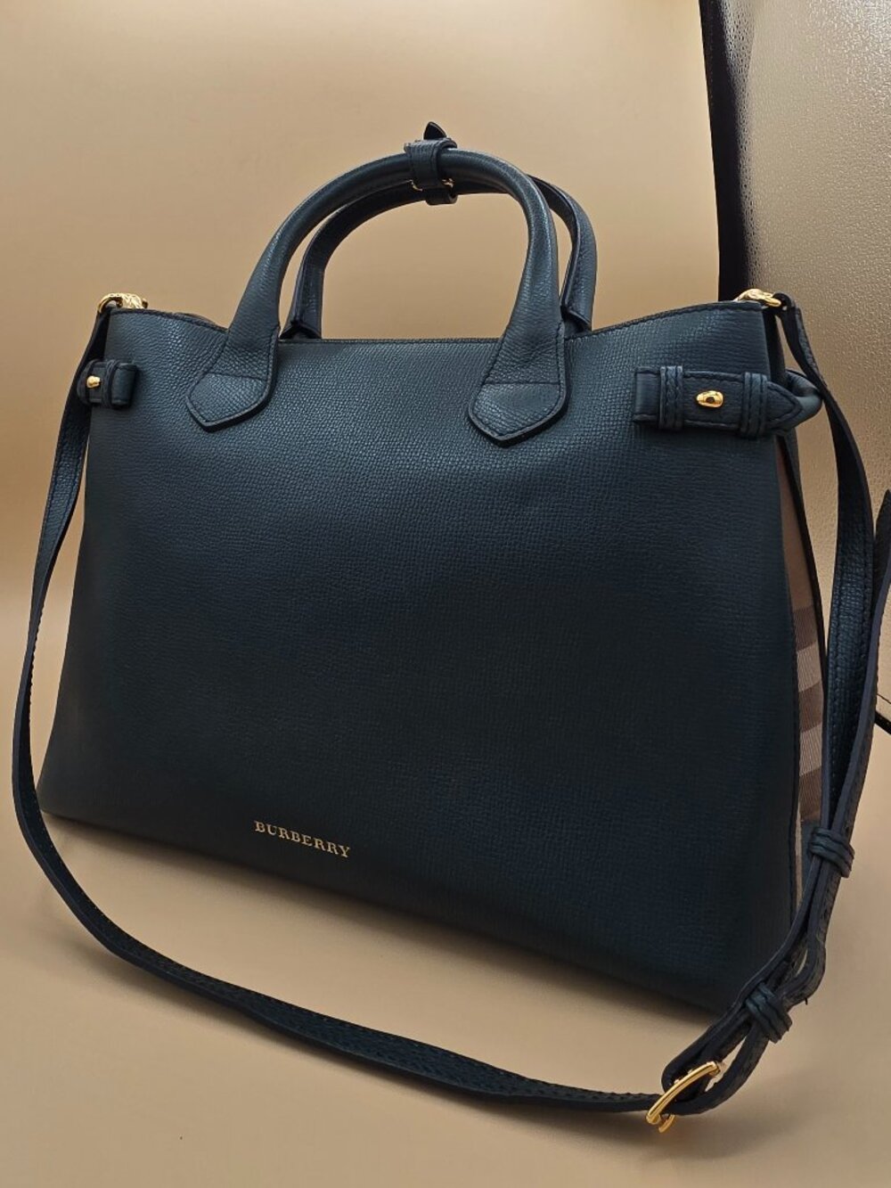 Burberry Banner Bag Green Leather Handbag w Beige Check Panels and Gold Accents